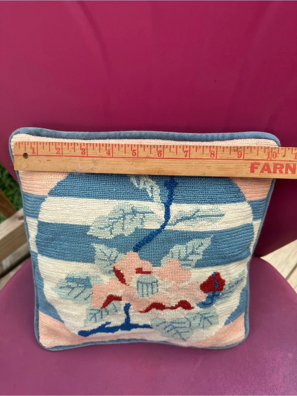 Handcrafted Blue and Pink Floral Hooked Throw Pillow